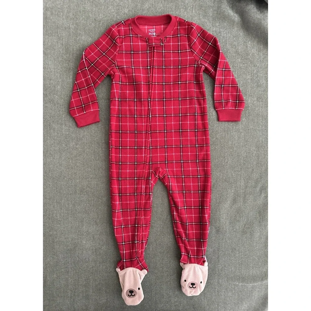 Carter's Plaid Fleece Bear One Piece Sleepwear Red 2T Footed